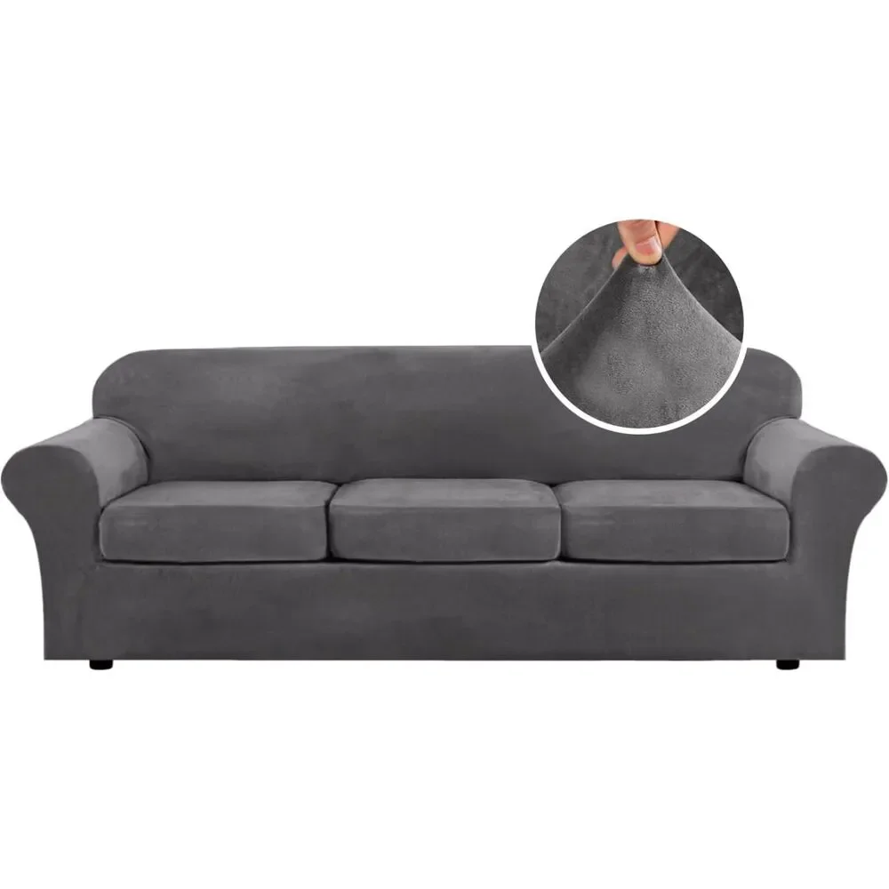 4 Piece Velvet Sofa Slipcover (for 3 Cushion Large Sofa Up to 97 Inch, Grey)